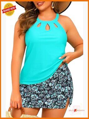 Plus Size Tankini with Skirt - Two Piece Tummy Control High Neck Swimwear 2025